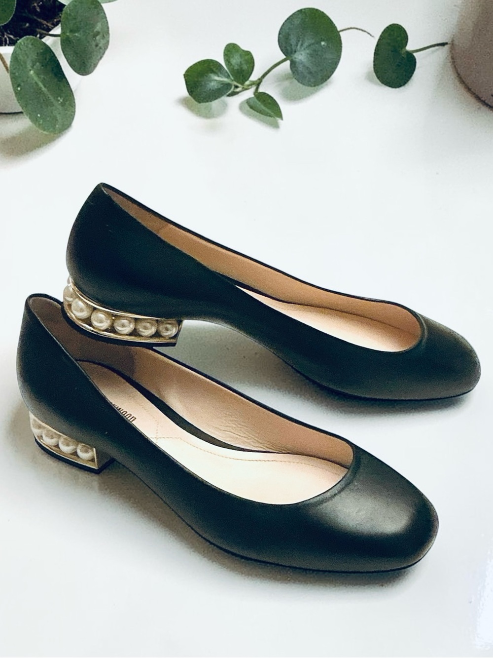 Nicholas Kirkwood CASATI Black Leather Pearl Accent Heel Ballet Flats Size-EU 37